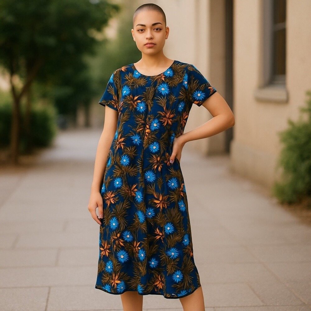 Lands End‎ Midi Dress Womens M Floral Brown Blue Tropical MuMu Beach